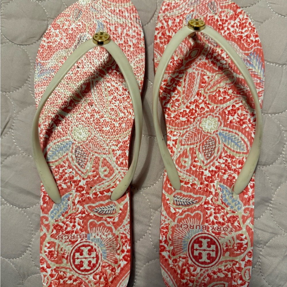 Tory Burch Red and Cream Floral Sandals